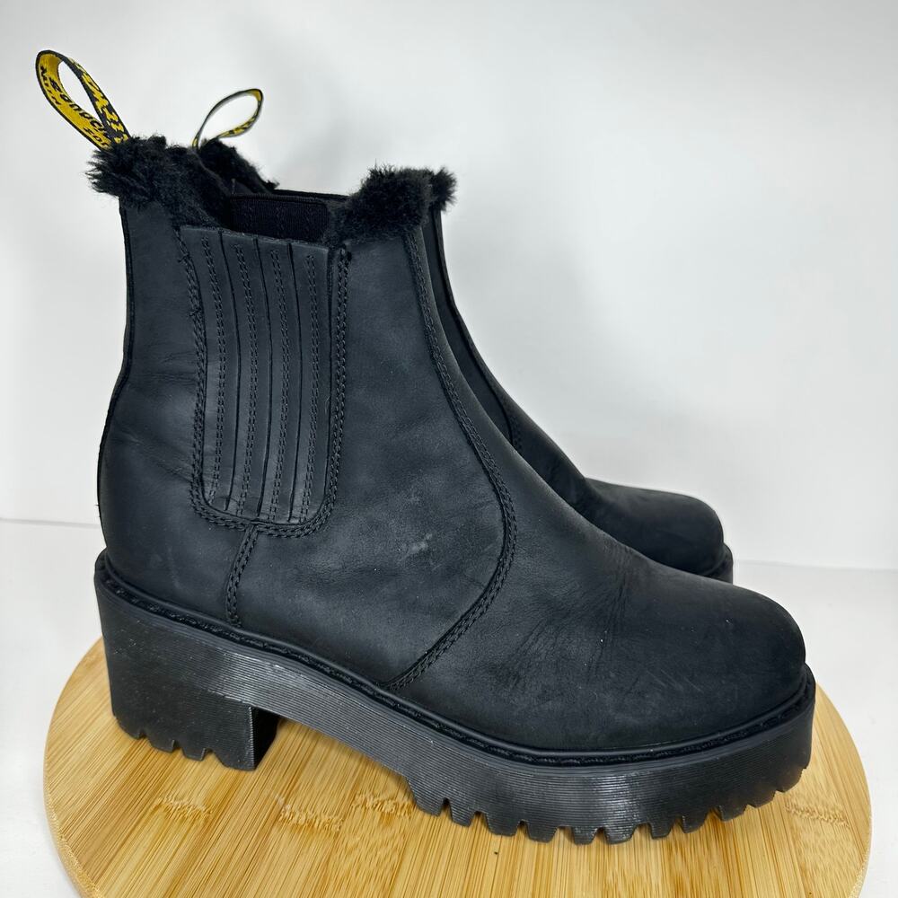 Dr. Martens Rometty Faux Fur Lined Black Leather Chelsea Heeled Boots Size 9